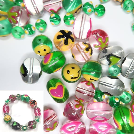 Glass Beads Bulk for Bracelet Jewelry Making, Lips Heart Smiley Face  Flowers Dot Beads, DIY Dainty Beads Findings, Gift for Beader 120 Pc 