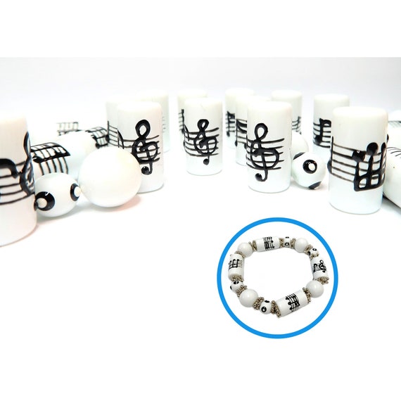 Glass Beads For Bracelet Making, Music Note Glass Beads Bulk, Piano Pianist Notation Staff White Beads, Gift For Beader Piano Teacher 130pc