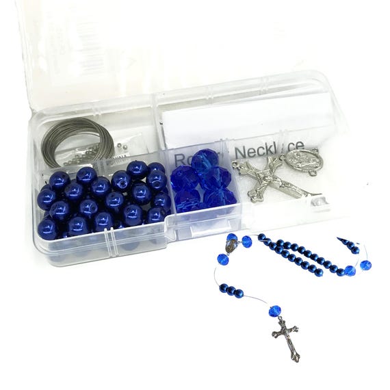 Blue Rosary Prayer Kit, Necklace Making Supplies, First Communion Baptism Crucifix Centerpiece Kit, Christmas Gift for Her, 1 Kit