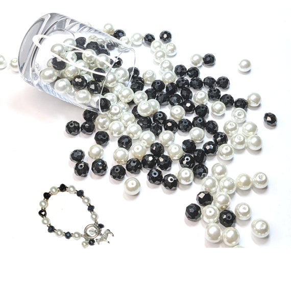 Glass Beads Bulk For Bracelet Making, Black White Beads, Preschool Craft DIY Jewelry Suncatcher Supplies, Gift For Beader, 175 pcs