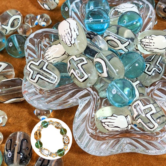 Glass Beads Bulk for Bracelet Making, Jesus Fish Prayer Cross Religious Beads, Craft DIY Jewelry School Supplies, Gift for Beader, 140 pcs