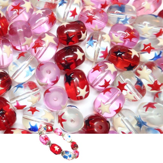 Glass Beads Bulk For Bracelet Making, USA Patriotic America Star Beads, Craft DIY Jewelry Supplies, Birthday Gift For Beader, 105 pcs