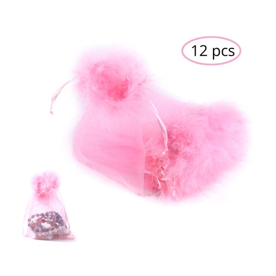 Pink Organza Bags Drawstring Feather Pouches Package, Feather Fur Trimmed Top Party Favors Sheer Ribbon Gift Bag, 5x7 or 7x9 Inch Pack Of 12