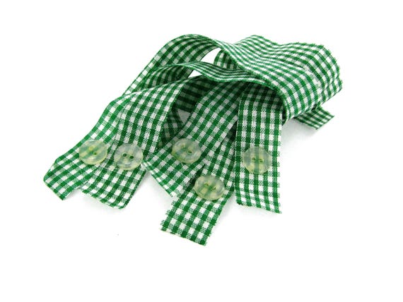 Ear Saver - Embellishments Fabric Cords - Scrapbooking Ribbon - POLYESTER GINGHAM - 5/8" x 10" Green Checkers Buttons Embellishment -25 Pcs