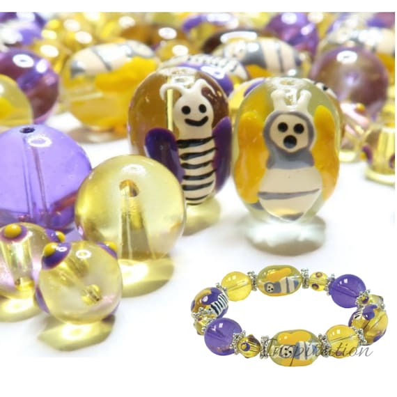 Glass Beads Bulk for Bracelet Jewelry Making, Purple Yellow Honey Bee  Hornets Bumblebee Beads, DIY Craft Supplies, Gift for Beader 140 Pcs 