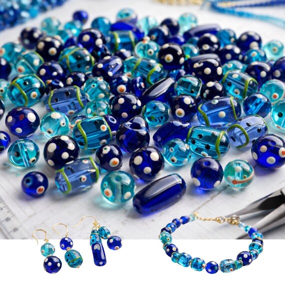 Glass Beads Bulk for Bracelet Making, Blue Aqua Polka Dots Beads, Craft DIY Jewelry Supplies, Birthday Gift for Beaders, 150 Pcs