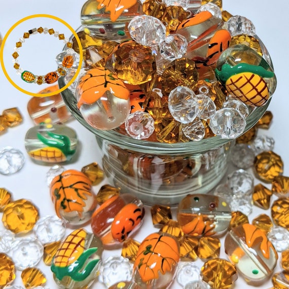 Glass Beads Bulk For Bracelet Making, DIY Jewelry Supplies, Thanksgiving Corn Pumpkin Leaves Beads, School Supplies Gift For Beader, 240 pcs