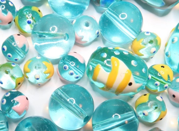 Glass Beads For Bracelet Making, Blue Tropical Fish Dolphin Turtle Beads Bulk, Craft Preschool DIY Jewelry Supplies, Gift For Beader 130 pcs