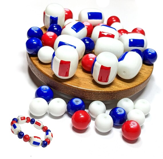 Glass Beads Bulk For Bracelet Making, France Flag Beads, Red White Blue Country Beads Craft DIY Jewelry Supplies, Gift For Beader 40pcs