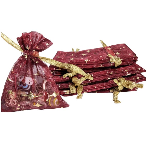 Satin Drawstring Organza Jewelry Candy Pouch Christmas Wedding Party Favor Gift Bags, 3x4", Red Burgundy Pack Of 25 pcs