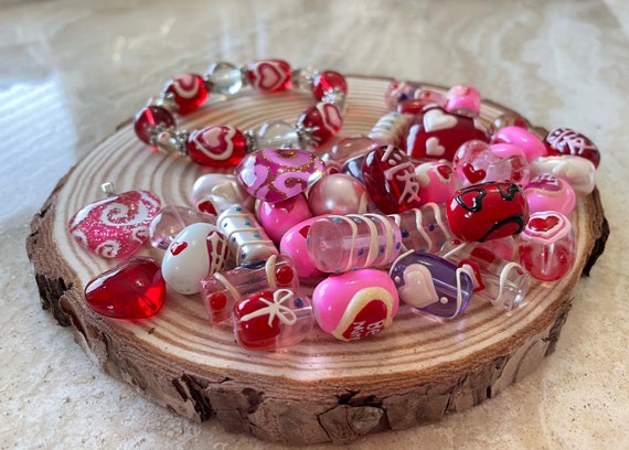 Hearts Beads for Bracelet, Glass Beads Bulk, Heart Star Love Pink Red Beads  Valentine, Craft DIY Jewelry Preschool Supplies, 20 or 40 Pc 