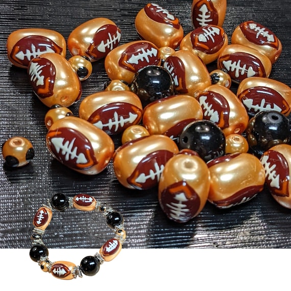 Glass Beads Bulk For Bracelet Making, School Craft DIY Jewelry Supplies, Gold Black Football Beads, Gift For Beader Football Mom, 140 pcs