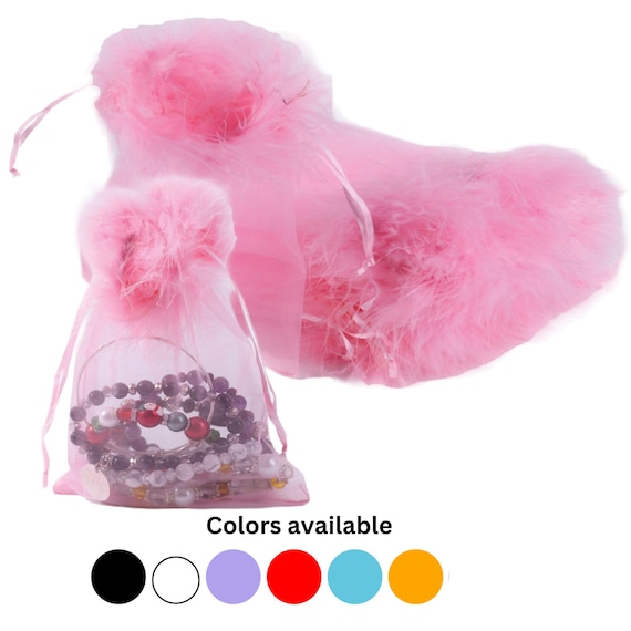 Organza Drawstring Feather Pouches Package, Feather Fur Top Favors Sheer Ribbon Bags, Gift for Party Planner, 5x7 or 7x9 Inch, Pack of 12