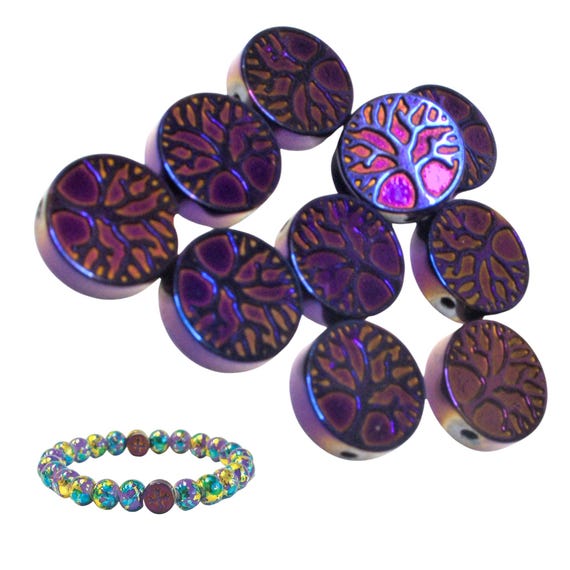 Purple Beads Bracelet Making, Round Hematite Gemstone Beads Life Of Tree Beads, DIY Jewelry Supplies, Gift For Beader, 10mm, 10 Pcs