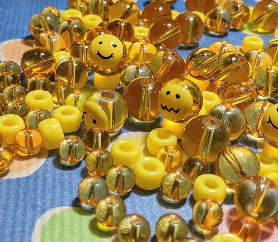 Mix Lot Glass Beads For Bracelet Jewelry Making, Yellow Face Expression Glass Beads Bulk, DIY kids Beading Finding Gift For Beader, 140pc