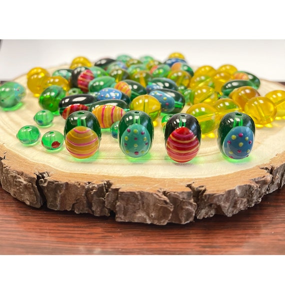 Easter Beads, Egg Glass Beads Bulk For Jewelry Making, DIY Craft Preschool Supplies, Green Yellow Egg Glass Beads, Gift For Beader 140 pcs