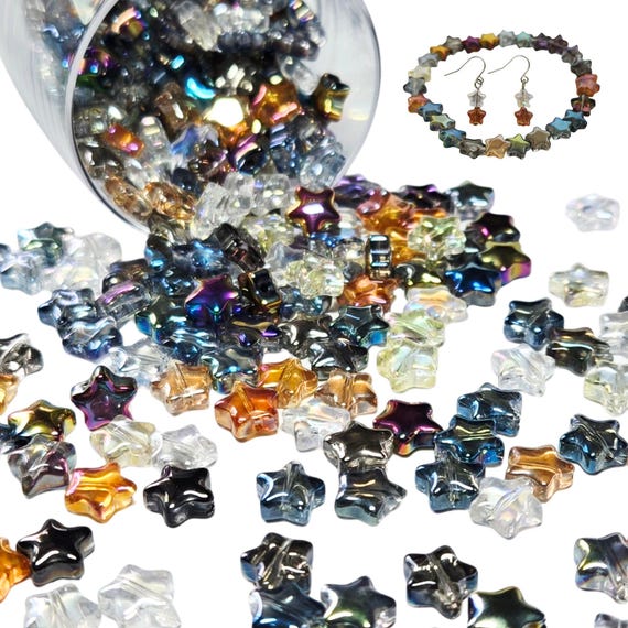 8mm Star Glass Beads Bulk, Iridescent Assorted Spacer Beads, Craft DIY Jewelry Supplies, Gift for Beader, 300 Pcs