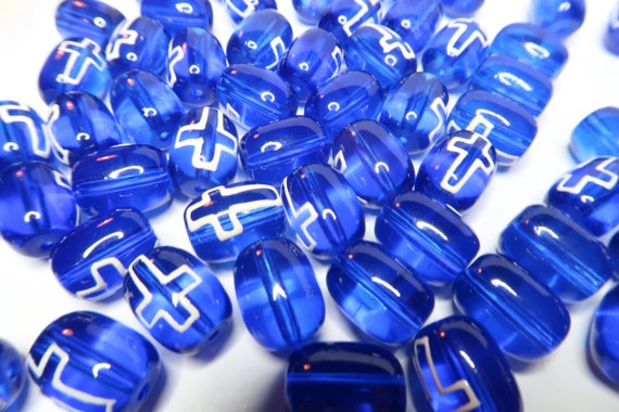 Cross Glass Beads For Bracelet Necklace Making - Bulk Beads for Cross Rosary Religious Jewelry - White Cross Blue Glass Bead - 82 pcs