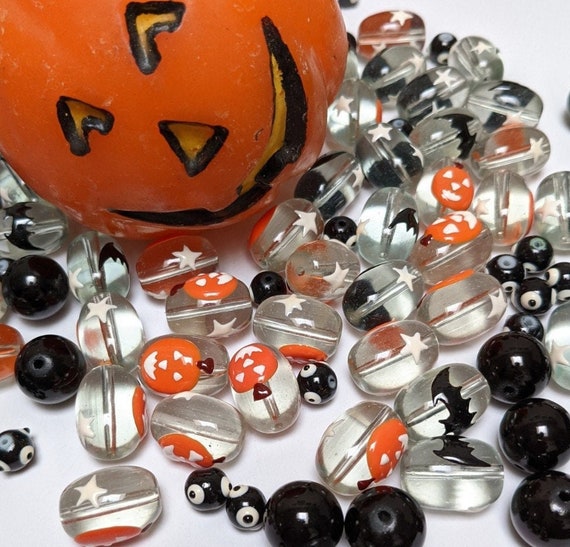 Mix Lot Glass Beads For Bracelet Jewelry Making - Halloween Beads Bulk - DIY- Jack-O-Lantern- Pumpkin Bat Star dot Beads Finding 115 pcs