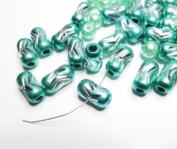 Mix lot Aluminum Beads Pearl Glass Beads For Bracelets Necklace Jewelry Making - Spacer Beads - Bulk Beads - Big Hole Beads Teal - 180 pcs