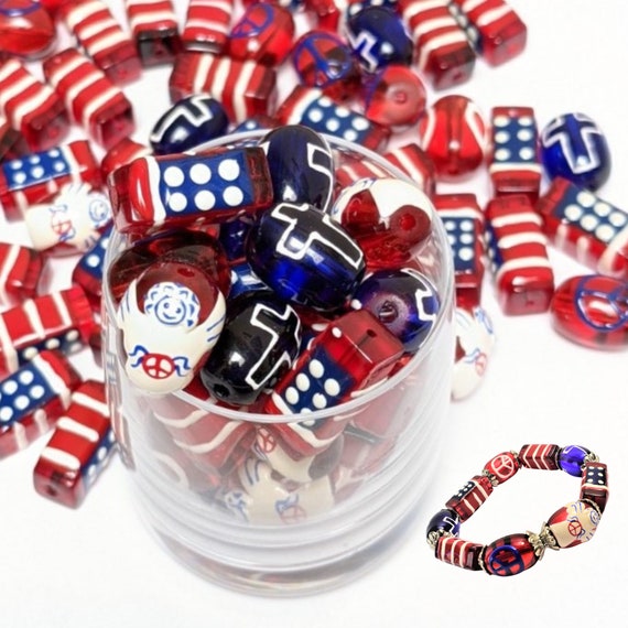 Glass Beads For Bracelet Making, Patriotic Beads Bulk, American USA Flag Love Glass Beads, DIY Jewelry Supplies, Gift For Beader, 100 pcs