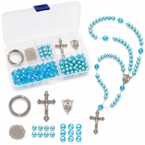 Rosary Necklace Making Supplies DIY Kit, Catholic First Communion Sacrament Prayer, Birthday Christmas Gift for Beader, 15 Colors, 1 Kit