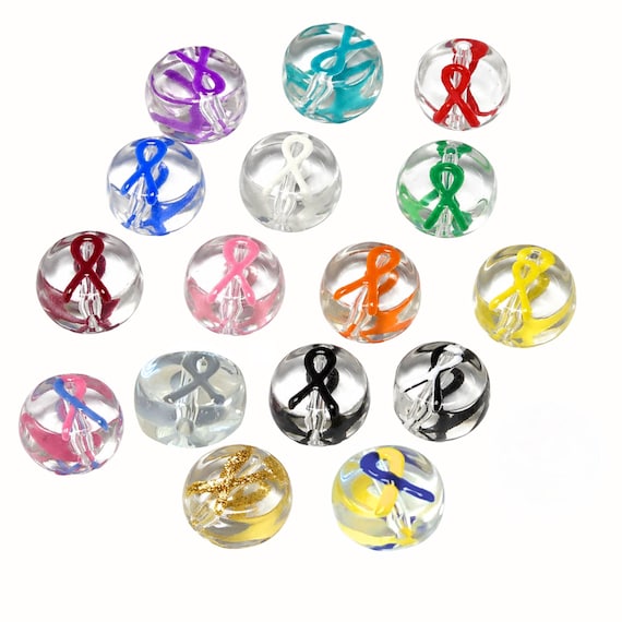 Ribbon Cancer Awareness Glass Beads for Bracelet, DIY Jewelry Supplies, Gift for Beaders, Gift for Beader, Round 16 Colors, 10mm, 10 Pcs