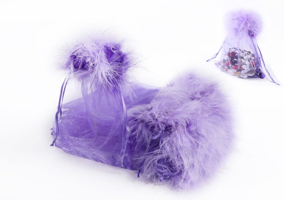 Organza Bags Drawstring Feather Pouches - Purple Party Favors Bags - Eyelash Cosmetic Sheer Ribbon Bag Gift Pouches - 5"x7" or 7"x9" 12 pcs