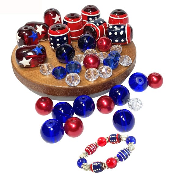 Glass Beads Bulk for Bracelet Making, Craft DIY Jewelry Supplies, Gift for Beader, Americana Patriotic USA Flag Star Beads Finding, 40 Pcs