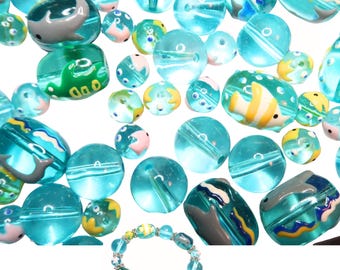 Glass Beads for Bracelet Making, Blue Tropical Fish Dolphin Turtle Beads Bulk, Craft Preschool DIY Jewelry Supplies, Gift for Beader 130 pcs