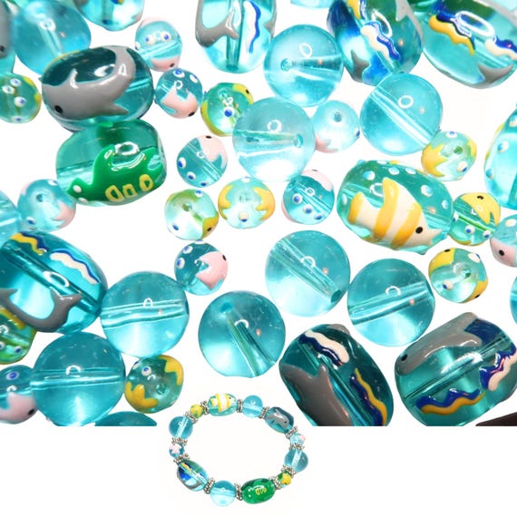 Glass Beads for Bracelet Making, Blue Tropical Fish Dolphin Turtle Beads Bulk, Craft Preschool DIY Jewelry Supplies, Gift for Beader 130 pcs