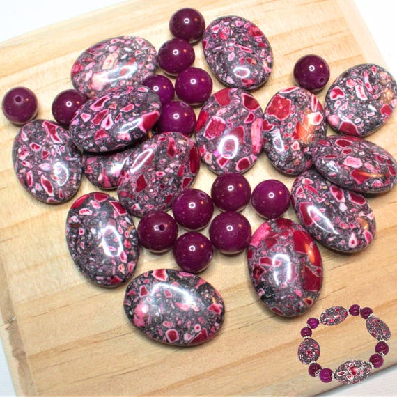 Stone Beads for Bracelet Making, Red Speckled Collage Gemstone, DIY Jewelry Supplies, Natural Semiprecious Beads, Gift for Beader, 140 Pcs