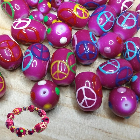Glass Beads Bulk For Bracelet Making, Fuchsia Hot Pink Love and Peace Beads, Craft DIY Jewelry Supplies, Gift For Beaders, 140 pcs