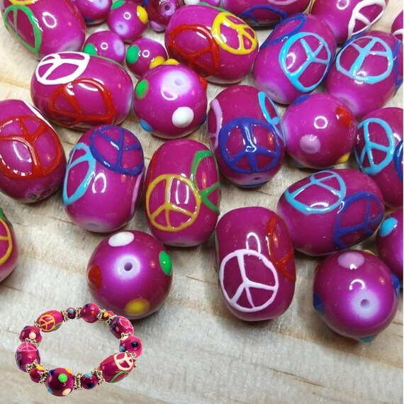 Glass Beads Bulk For Bracelet Making, Fuchsia Hot Pink Love and Peace Beads, Craft DIY Jewelry Supplies, Gift For Beaders, 140 pcs