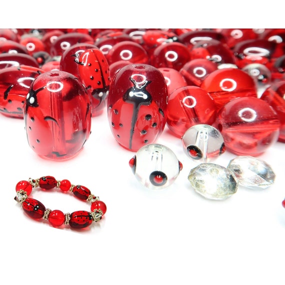 Glass Beads Bulk For Bracelet Jewelry Making, Ladybug Beetle Red Beads, DIY Craft Supplies Beads Findings Spacers, Gift For Beader, 140 pcs