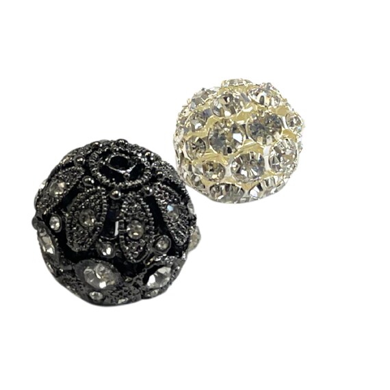 Rhinestones Charms, Spacer Beads for Bracelets Making, Silver Black Large Hole Ball Beads, DIY Jewelry Supplies, 18 - 20mm, Pack Of 2