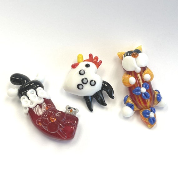 Lampwork Glass Novelty Beads For Jewelry Making - Ceramic Pendant For Necklace - DIY Craft Supplies - Rooster or Cats _ 3 Selections 1 pc