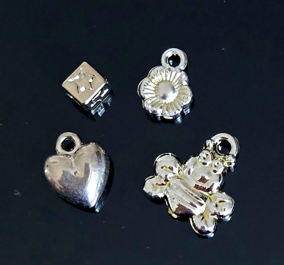Silver Plated Plastic Charm Beads Bulk for Bracelets, Star Flower Heart Bee, DIY Jewelry Supplies, Gift for Beader, 4 Selections, 100 Pcs