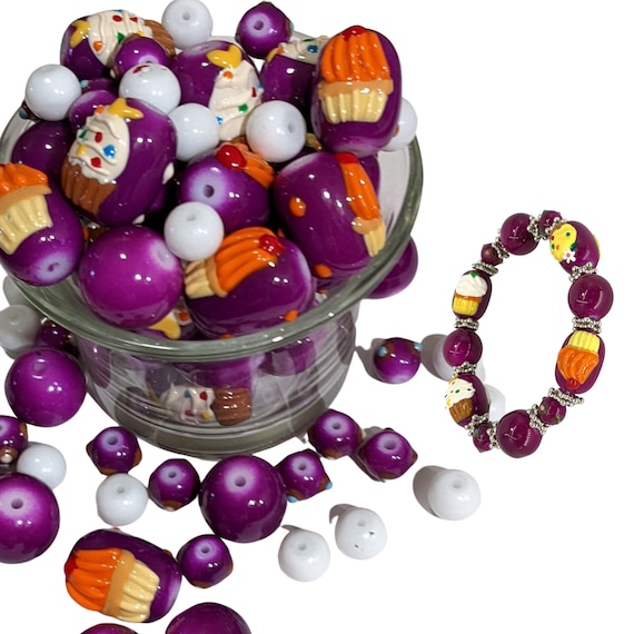 Glass Beads Bulk For Bracelet Making, Purple Cupcake Beads, Preschool Montessori Craft DIY Jewelry Supplies, Gift For Beader, 140 pcs