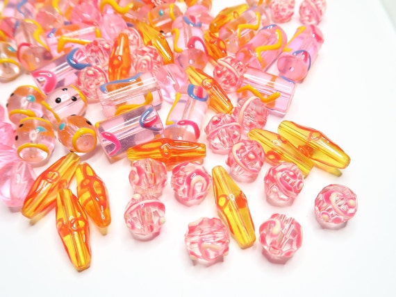 Mix Lot Glass Beads For Bracelet Jewelry Making - Glass Plastic Beads Bulk - DIY Dainty Beads Finding Pink Round, Tube, Barrel, Oval 120pcs