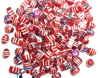Glass Beads Bulk for Bracelet Jewelry Making, DIY Craft Supplies, Americana Patriotic USA Flag Star Beads Finding, Gift for Beader, 105 pcs