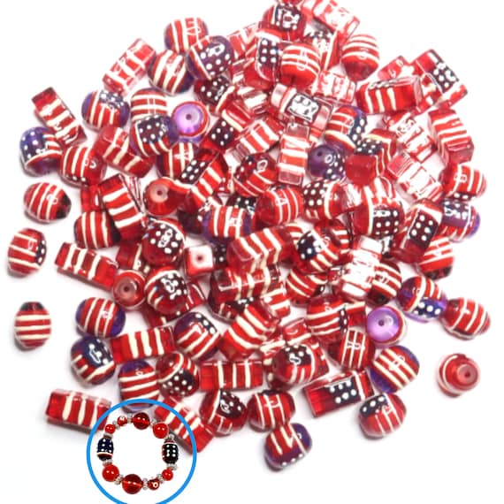 Glass Beads Bulk For Bracelet Jewelry Making, DIY Craft Supplies, Americana Patriotic USA Flag Star Beads Finding, Gift For Beader, 105 pcs