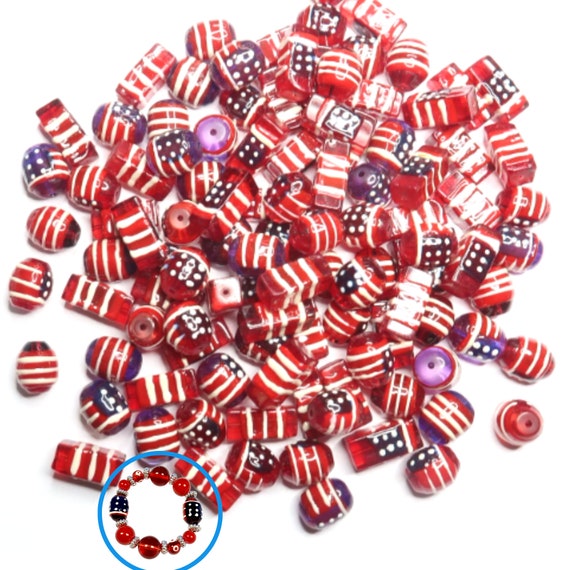 Glass Beads Bulk For Bracelet Jewelry Making, DIY Craft Supplies, Americana Patriotic USA Flag Star Beads Finding, Gift For Beader, 105 pcs