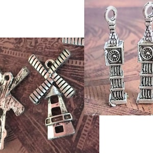 Big Ben and Dutch Windmill Charms for Jewelry Making - Silver Landmark Findings Pendants DIY Craft Supplies - Gift For Beader - Pack Of 50pc