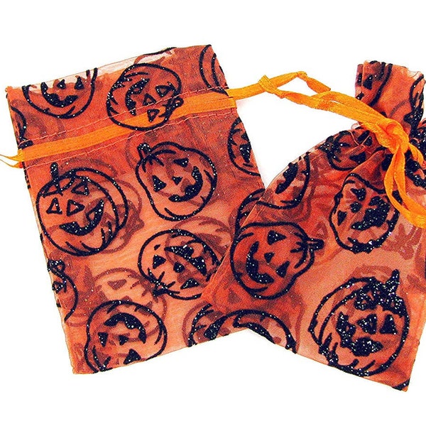 Halloween Party Favor Bags - Pumpkin Trick or Treat Pouches - Sheer Ribbon Organza Jewelry Sachet Gift Bag Pouch - 4x3 Inches Pack of 25 Pcs