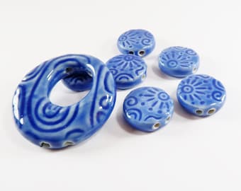 Boho Ceramic Pendant and Beads For Necklace Bracelet Earrings Making - Flat Beads For Crafts and DIY Jewelry - 7 Pcs