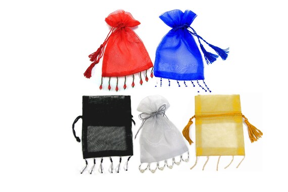 Organza Pouch - Filigree Bead Fringe Organza Gift Bag - Gift For Wedding Baby Shower - 3x4" - 5 Selection - 6 Pack ( same color per pk)