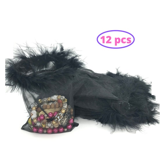 Black Organza Bags Drawstring Feather Pouches, Fur Halloween Wedding Party Favors, Sheer Ribbon Gift Pouches, Eyelash Bags, 5"x7", 12 Pcs