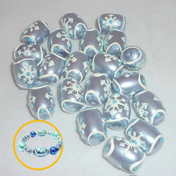 Snowflake Beads For Bracelet Making, DIY Jewelry Supplies, Hand Painted Blue Christmas Glass Beads Bulk 15mm Gift For Beader, 20 pcs