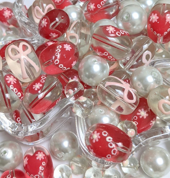 Mix Lot Glass Beads Bulk For Bracelet Jewelry Making - Floral Heart Pink Ribbons Dot Beads Mixed - Large Pearl Beads Assorted 140 pcs